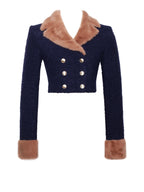 Wava Navy Blue Double Breast Fur Trim Cropped Boucle Wool Jacket Archive Sale