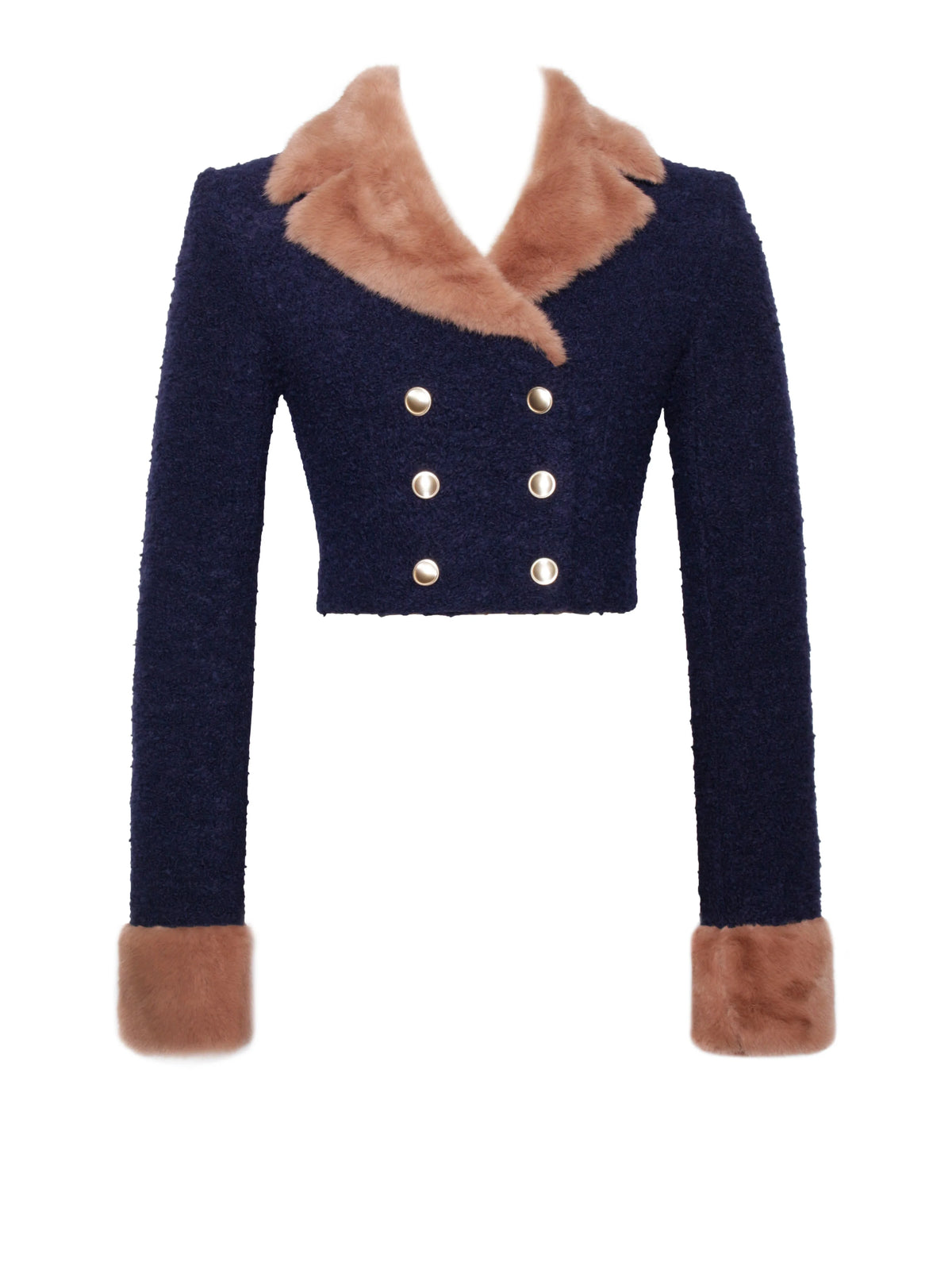 Wava Navy Blue Double Breast Fur Trim Cropped Boucle Wool Jacket Archive Sale