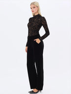 Quenisa Black Chenille Lace Long Sleeve Bodysuit