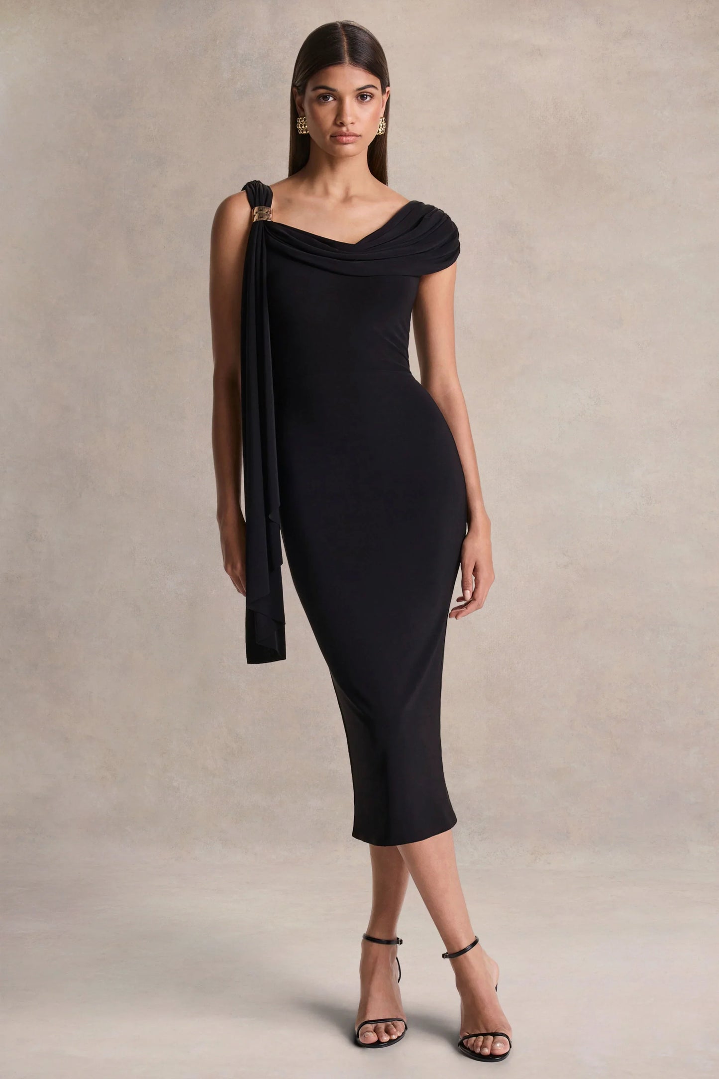 Mirelda Black Asymmetric Neck Midi Dress With Gold Detail