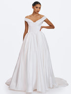 Unna White Satin Bardot Cowl Wedding Gown