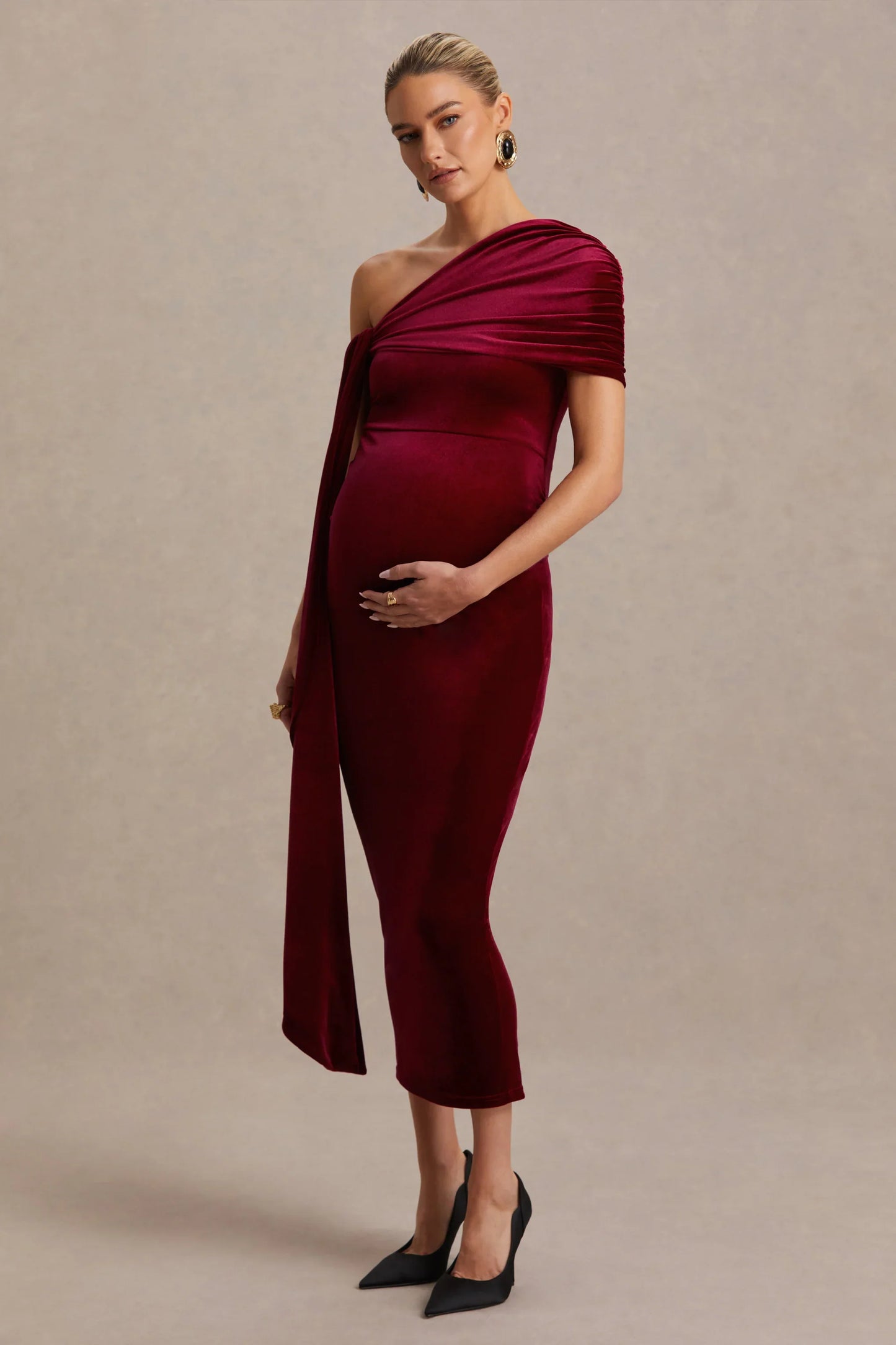 Zena Burgundy Velvet Asymmetric Neck Maternity Midi Dress With Knot And Sash Detail
