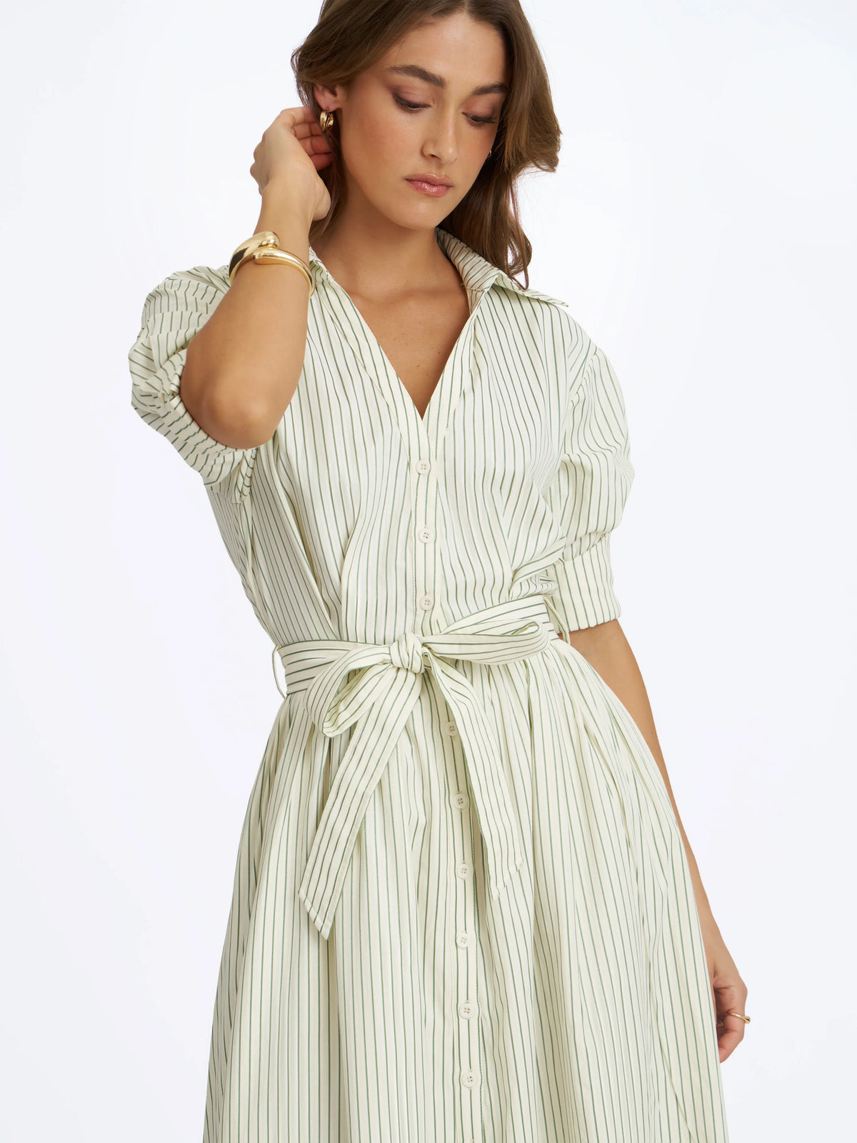Danica Pine Green Bamboo Poplin Striped Shirt Midi Dress