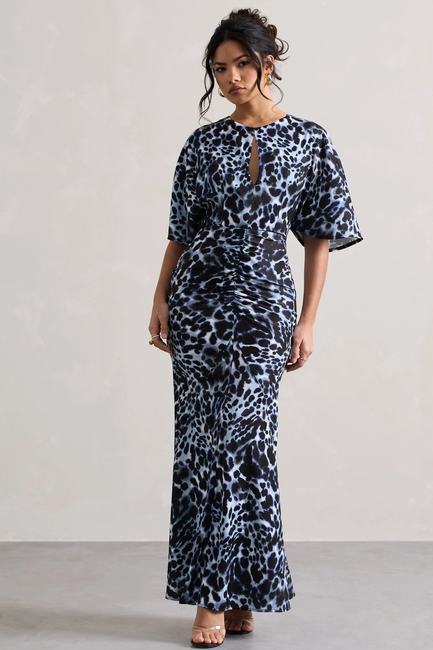 Elidy Animal Print Ruched Flutter Sleeve Cut Out Maxi Dress