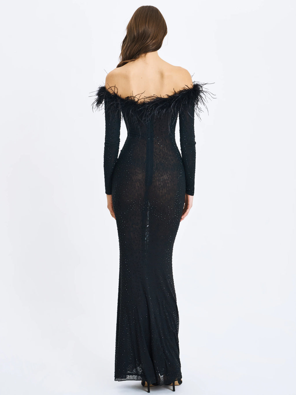 Emberly Black Fur Trimmed Off Shoulder Rhinestone Mermaid Maxi Dress