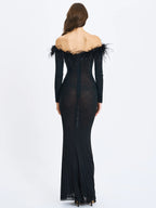 Emberly Black Fur Trimmed Off Shoulder Rhinestone Mermaid Maxi Dress