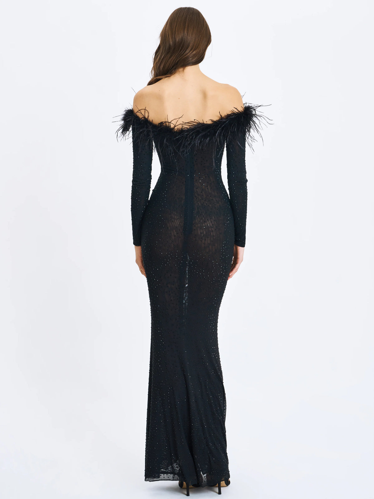 Emberly Black Fur Trimmed Off Shoulder Rhinestone Mermaid Maxi Dress