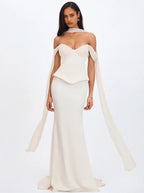 Jessalyn Ivory Sweetheart Peplum Mermaid Wedding Dress with Chiffon Scarf