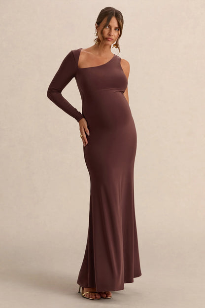 Oh Baby Brown Maternity One Shoulder Bodycon Maxi Dress