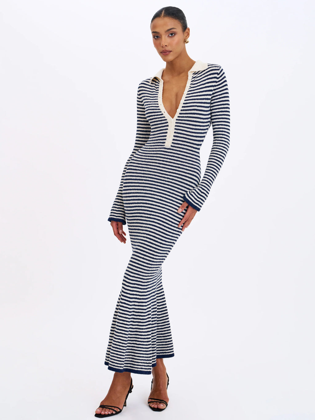 Xelie Navy White Cotton Terry Knit Mermaid Maxi Dress