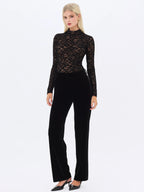 Quenisa Black Chenille Lace Long Sleeve Bodysuit