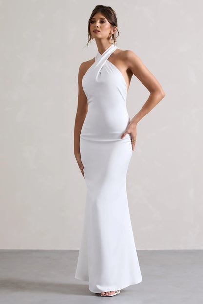 Unbeatable White Satin Cross Over Halter Neck Maxi Dress