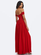 Tereza Crimson Georgette Bardot High Slit Maxi Dress