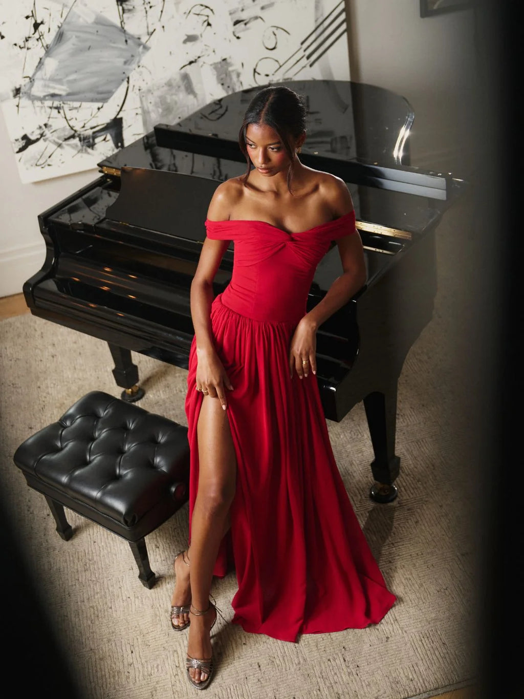 Tereza Crimson Georgette Bardot High Slit Maxi Dress