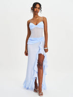 Lacy Blue Ruched Breast High Slit Chiffon Dress