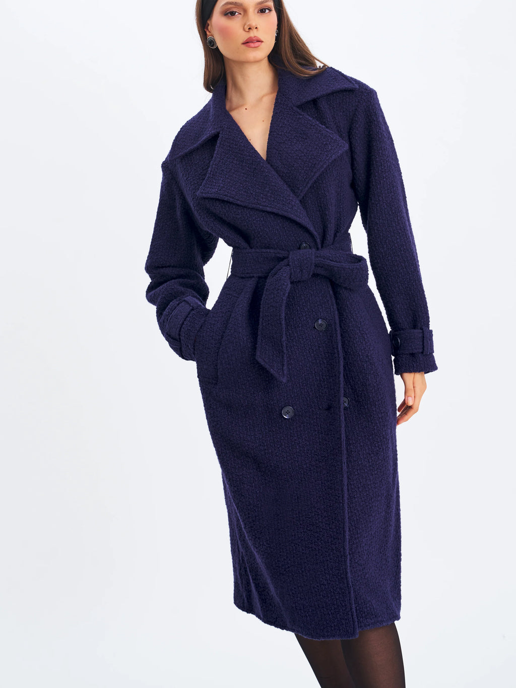 Jaelyn Midnight Blue Wool Blend Double Breasted Belted Coat
