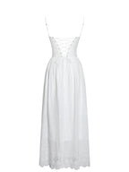 Oberon White Cotton Eyelet Lace Up Back Maxi Dress