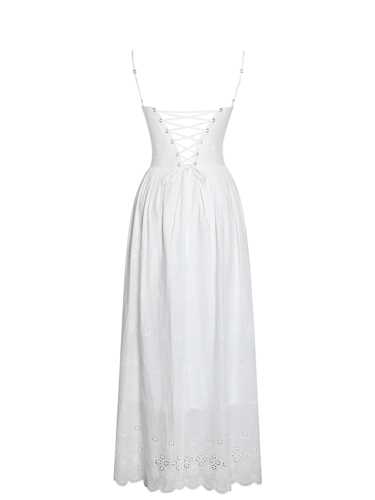 Oberon White Cotton Eyelet Lace Up Back Maxi Dress