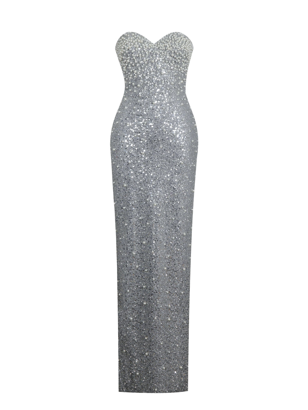 Noelle Silver Sequin Pearl Embellished Sweetheart Maxi Dress