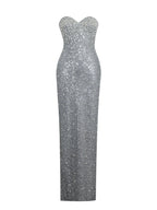 Noelle Silver Sequin Pearl Embellished Sweetheart Maxi Dress