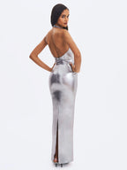 Valeska Silver Foil Plunging Sheath Maxi Dress