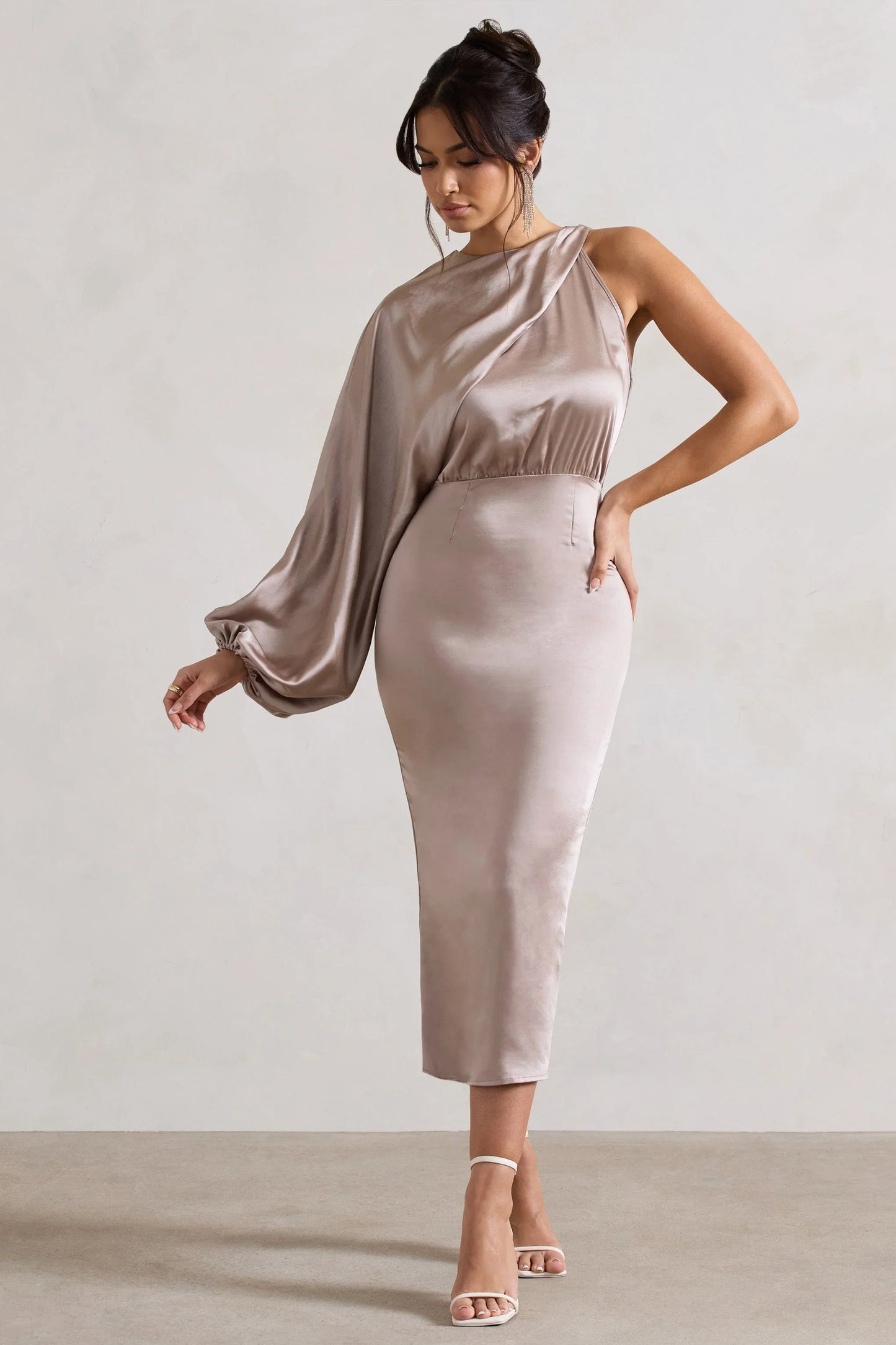 Nola Taupe Satin One Sleeve Midi Dress
