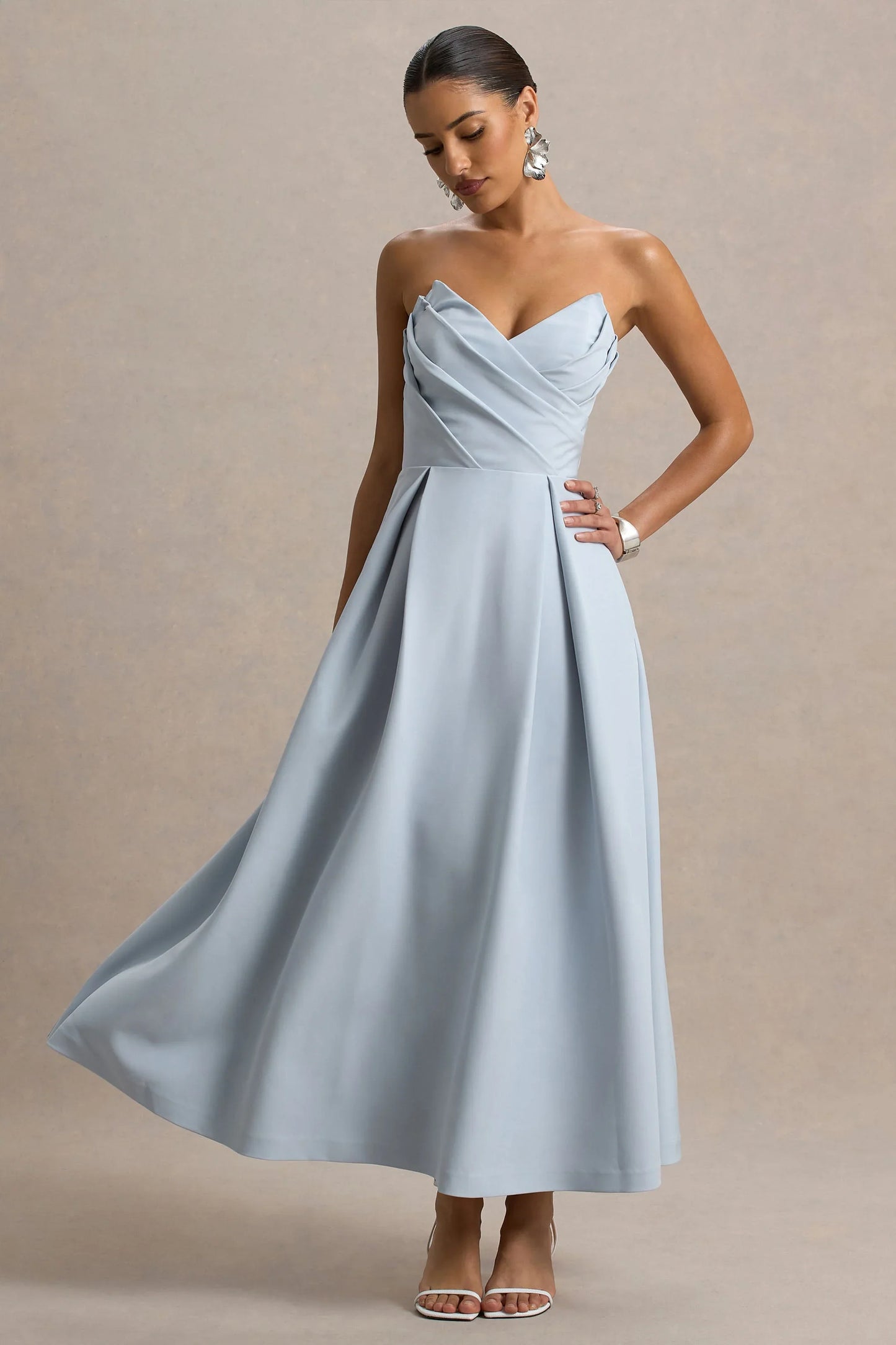Reigning Beauty Powder Blue Sweetheart Midi Dress With Volume Hem