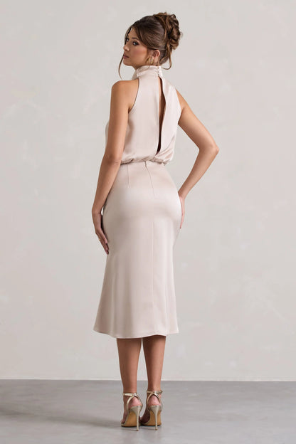 Geena Champagne Satin Twisted High Neck Midi Dress