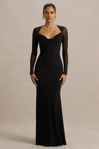 Bethan Black Cowl Neck Maxi Dress With Mesh Sleeves And Open Back