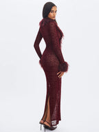 Luana Burgundy Plunging Fur Trimmed Burnout Mesh Maxi Dress