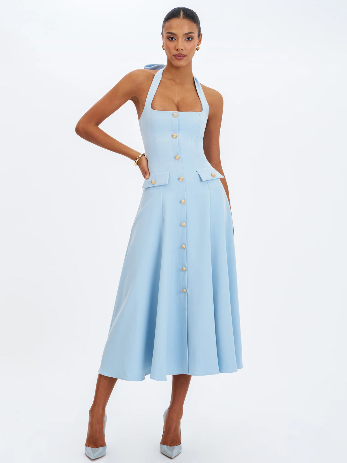 Gillian Mist Blue Halter A Line Midi Dress