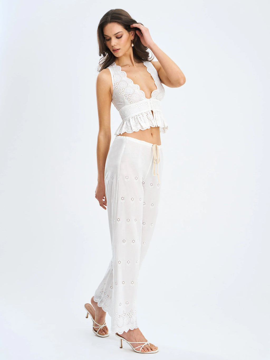 Raina White Cotton Eyelet Straight Pants