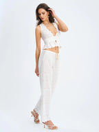Raina White Cotton Eyelet Straight Pants