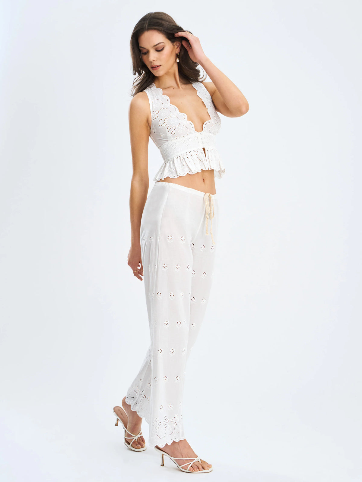 Raina White Cotton Eyelet Straight Pants