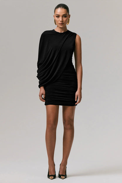 Fortuna Black Ruched Mini Dress With One Sleeve