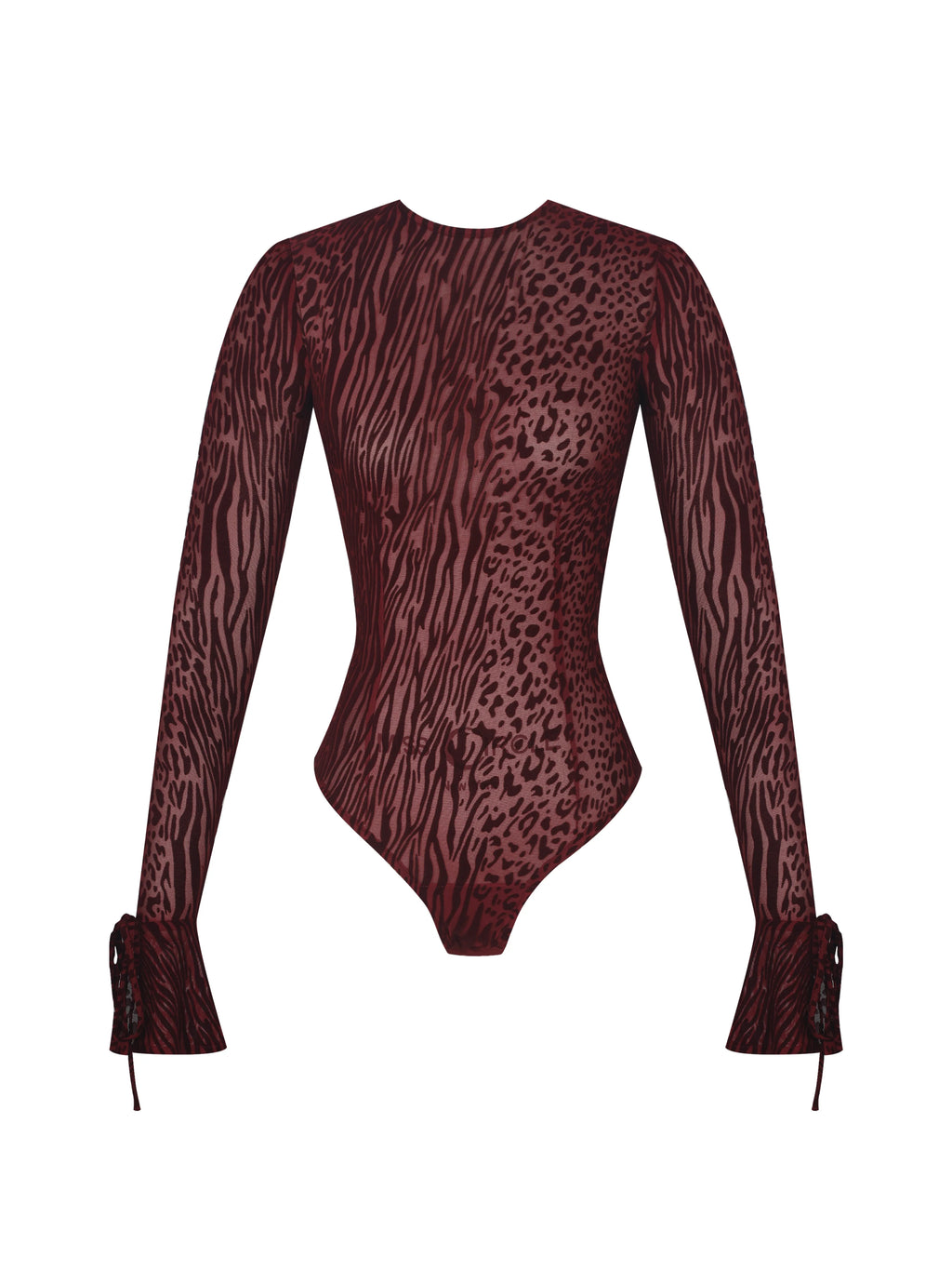 Ibera Burgundy Animal Print Burnout Velvet Long Sleeve Bodysuit