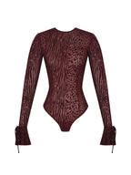 Ibera Burgundy Animal Print Burnout Velvet Long Sleeve Bodysuit