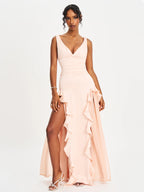 Talyssa Baby Pink Ruched Waist Double High Slit Maxi Gown Archive Sale