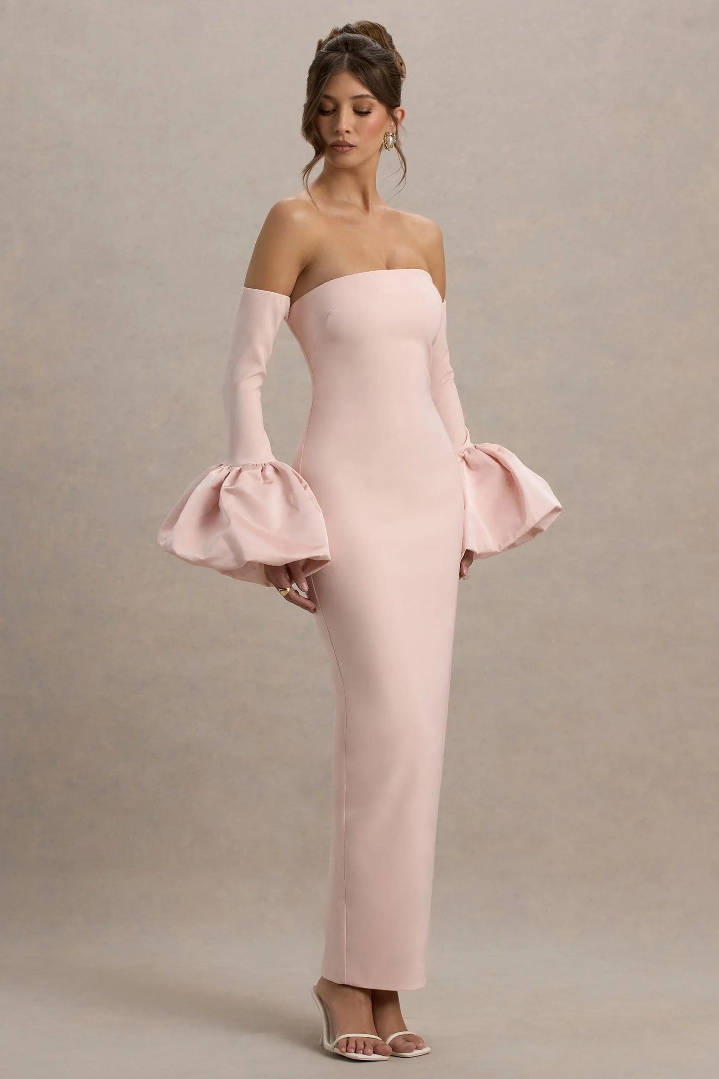 Myah Pink Bandeau Long Sleeve Maxi Dress With Puff Cuffs