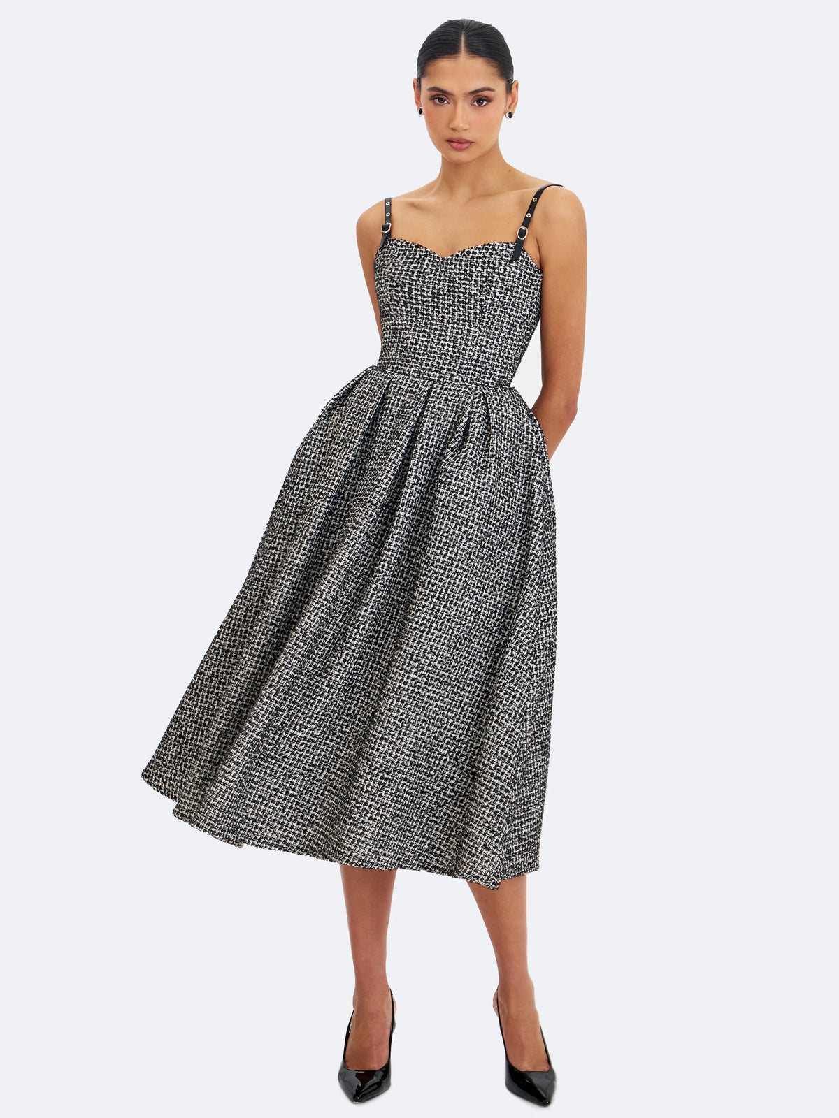 Katalina Black White Tweed Backless Midi Dress