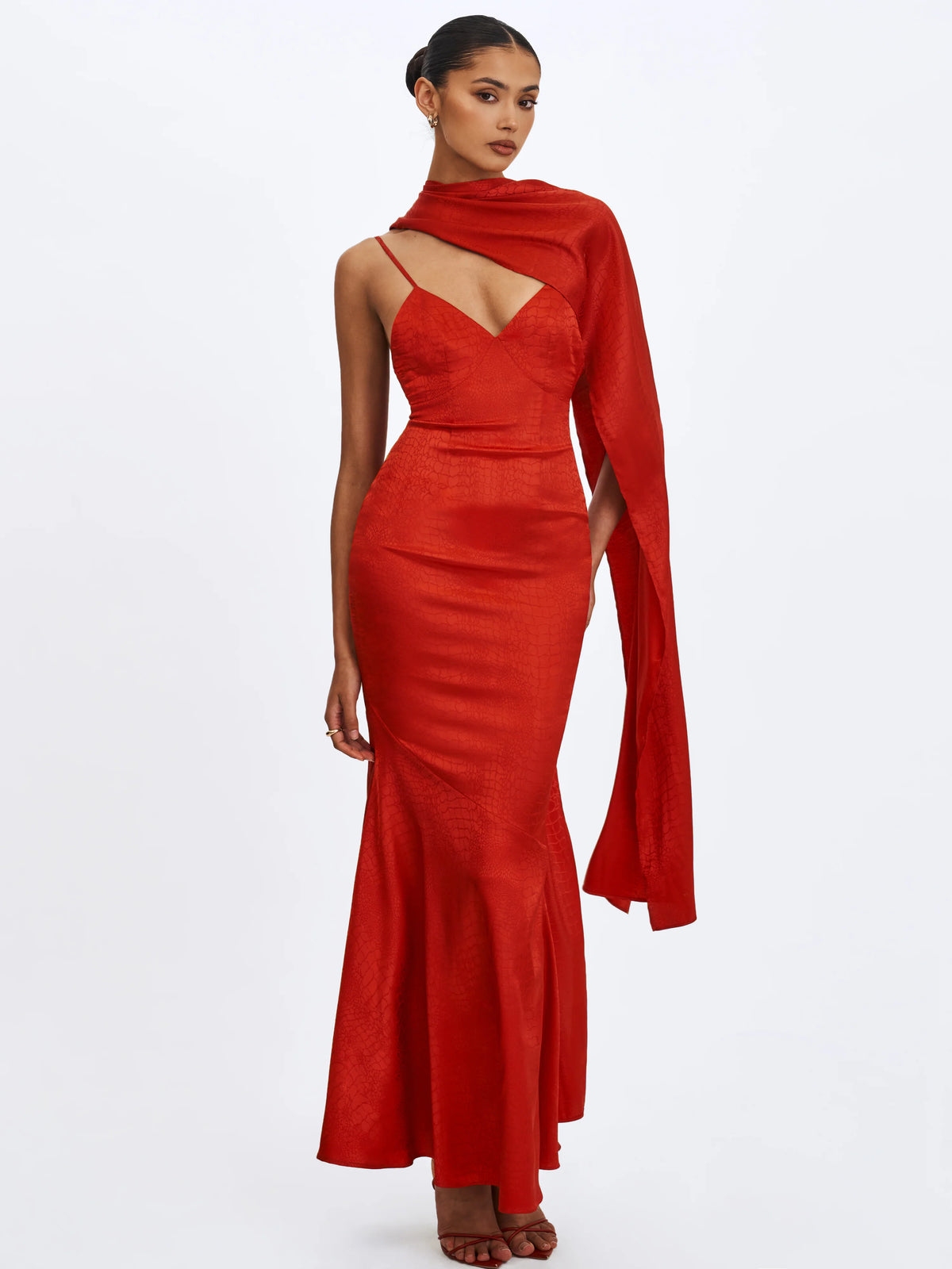 Kelsey Scarlet Croc Embossed Flared Hem Maxi Dress with Scarf