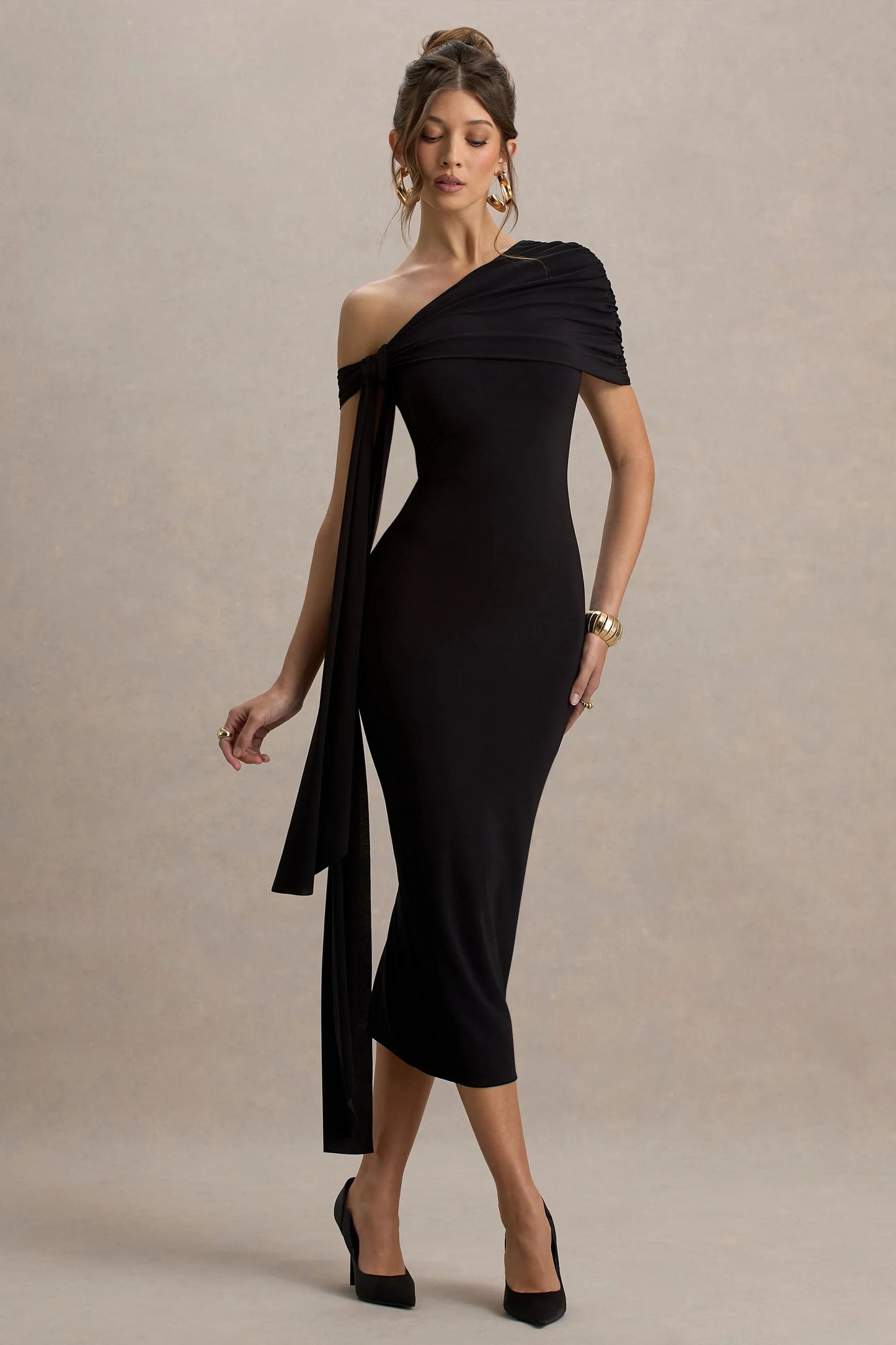 Praia Black Asymmetric Neck Maxi Dress With Sash and Draped Detailing