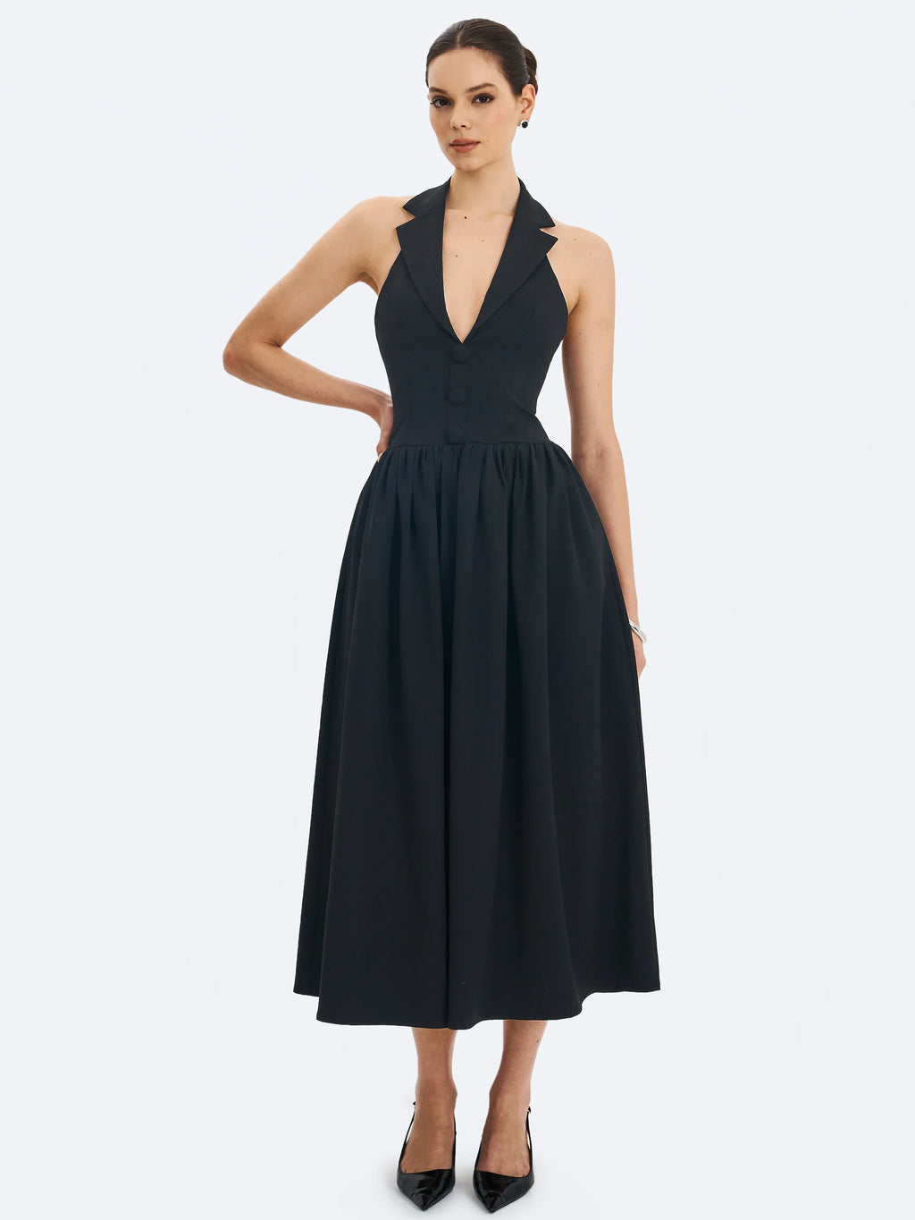 Delaney Black Lapel Halter Midi A Line Dress