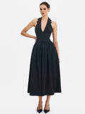 Delaney Black Lapel Halter Midi A Line Dress