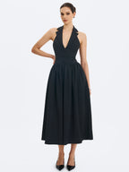 Delaney Black Lapel Halter Midi A Line Dress