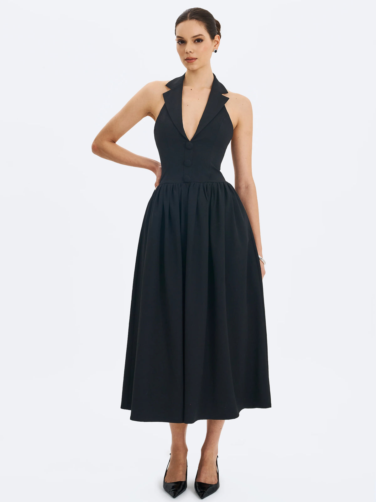 Delaney Black Lapel Halter Midi A Line Dress