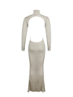 Shay Gold Stretch Knit Backless Long Sleeve Maxi Dress