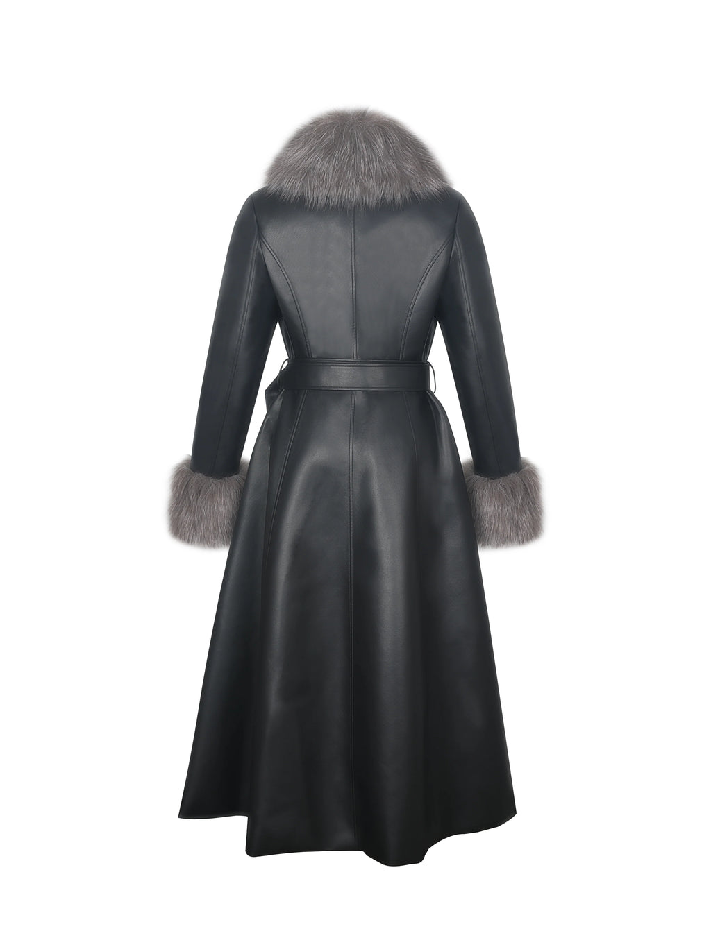 Nico Black Faux Leather Fur Trimmed Belted A Line Midi Coat