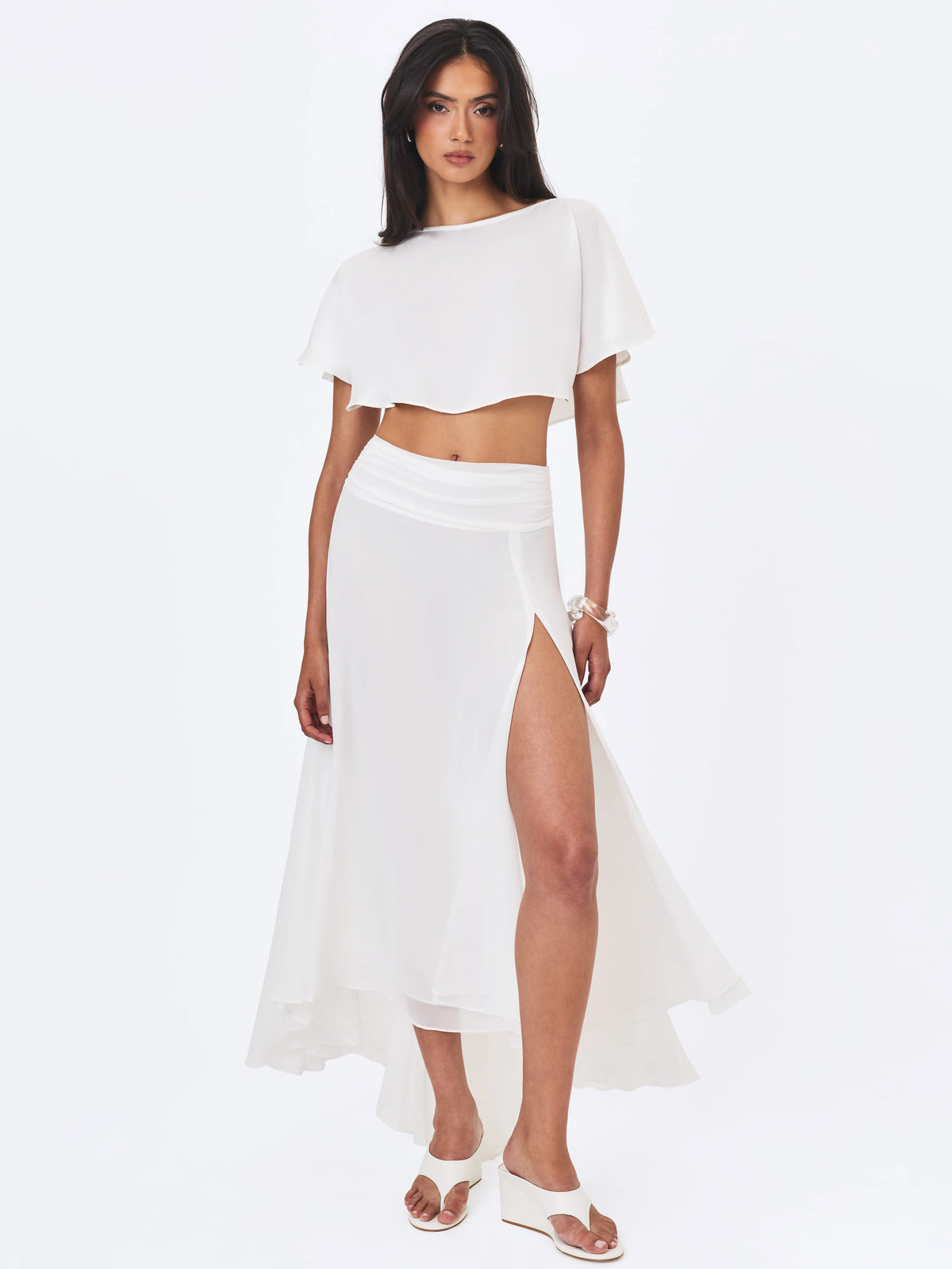 Yanna White Chiffon High Low Maxi Skirt