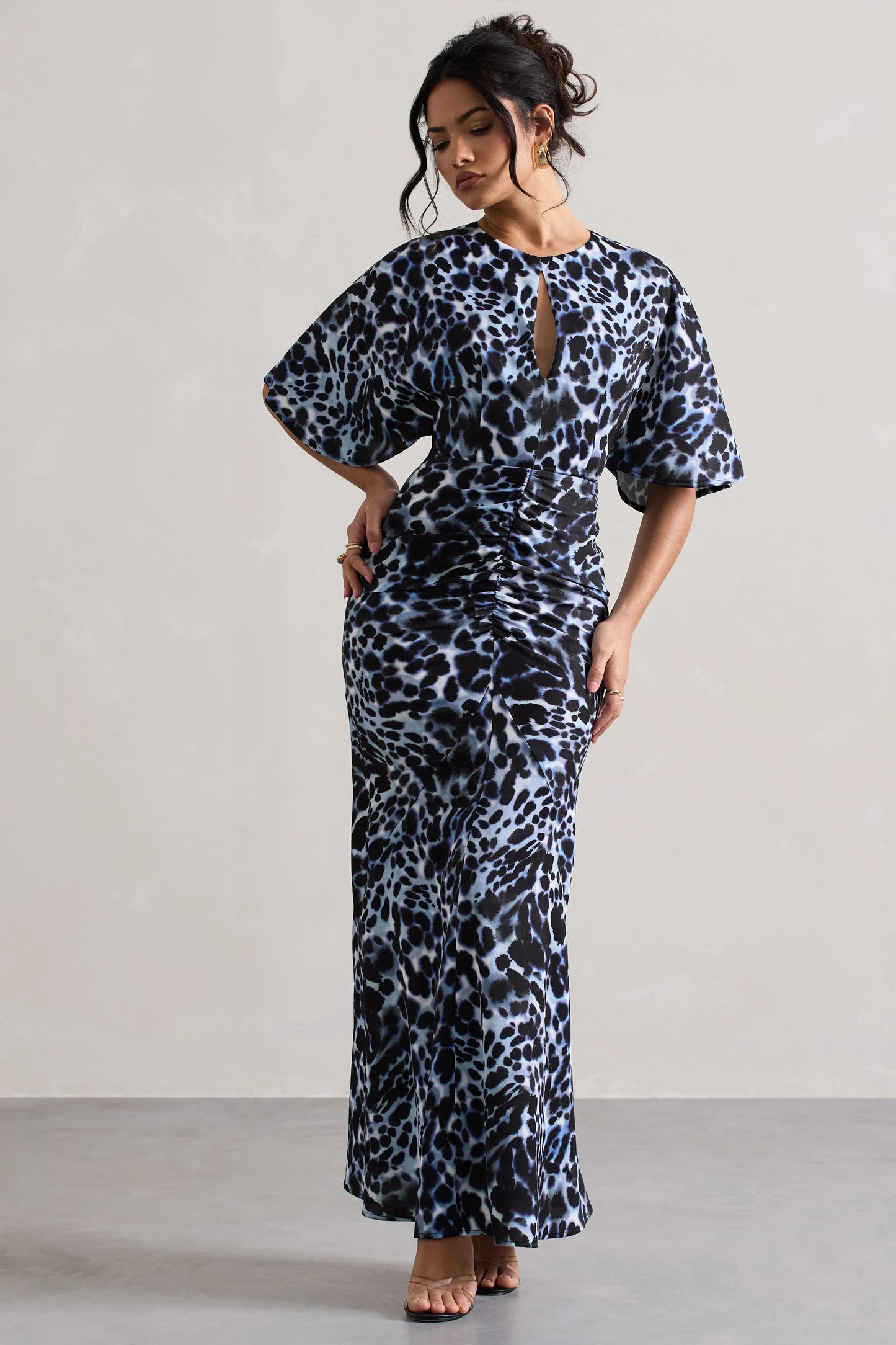 Elidy Animal Print Ruched Flutter Sleeve Cut Out Maxi Dress
